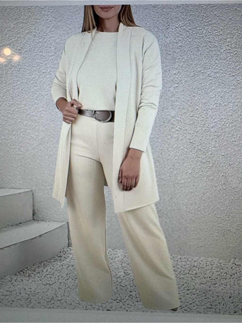 3pc Cream WideLeg pants w long sleeve top. Long sleeve knee length over jacket.